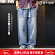 馬登工裝美式貝克水洗牛仔褲丹寧闊腿抽繩直筒休閑長(cháng)褲子薄款男春 牛仔藍 XL