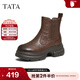 他她（TATA）明星同款靴子2025新款牛皮煙筒靴加絨厚底切爾西靴短靴7OL44DD5 棕色（寬版） 39