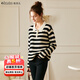 Olrain【5折】條紋套頭長(cháng)袖毛衣女春裝顯瘦氣質(zhì)POLO領(lǐng)拼接針織衫女 黑白條紋 M