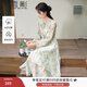 香影新中式綠色印花連衣裙女2026春季新款系帶圓領(lǐng)收腰長(cháng)袖碎花裙 綠色 S