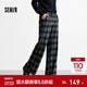 森馬（Semir）休閑褲女冬格子加絨長(cháng)褲寬松2025新款鹽系慵懶復古潮流闊腿褲 藍綠色調00384 L