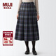MUJI MUJI 女式 羊毛混 抽褶裙 半身長(cháng)裙秋冬季 百褶裙 BEK44A2A 棕色格紋 L