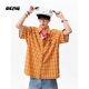 OEMG美式撞色刺繡短袖襯衫男士夏季寬松多巴胺襯衣服休閑青少年外套 橙色 XL [建議110-130斤]
