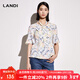 藍地（LANDI）飄帶V領(lǐng)印花碎花套頭襯衫女夏季新款喇叭短袖上衣 花色 L