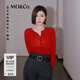 MO&Co.【秦嵐同款】針織衫開(kāi)衫秋捏褶收腰綿羊毛短款修身紅色摩安珂 大紅色 S /160