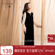 三彩2025冬季新款假兩件絲絨連衣裙開(kāi)叉長(cháng)裙復古直筒裙優(yōu)雅S