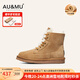 AU&MU澳洲冬季雪地靴男女士羊皮毛一體系帶保暖大碼馬丁靴加絨防滑棉鞋 栗色-男女款 【羊皮毛一體】1920 42