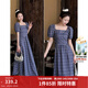 茵曼（INMAN）章若楠同款法式方領(lǐng)格紋連衣裙2026夏季新品女裝泡泡袖裙子 藏青 XL