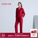 愛(ài)慕（Aimer）【牛奶系】紅色本命年家居女含蛋白柔潤牛奶生活翻領(lǐng)長(cháng)袖分身套裝 朱櫻紅JF0 M 165