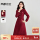 尚都比拉新年紅花邊小香風(fēng)連衣裙女秋季圓領(lǐng)收腰顯瘦厚粗花呢裙優(yōu)雅中長(cháng)裙