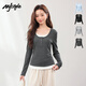 MJ STYLE撞色假兩件長(cháng)袖T恤女2026春秋裝新款韓系修身顯瘦正肩內搭打底衫
