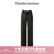 Charlie Luciano標識抽繩長(cháng)褲春季新款833415高腰情侶男女同款寬松cl直筒褲潮 黑色 36