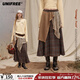 UNIFREE復古美拉德半身裙女格紋拼接不規則高腰顯瘦遮胯A字長(cháng)款裙 咖色 均碼