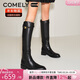 康莉（COMELY）牛皮騎士靴女秋冬季圓頭粗跟不過(guò)膝加絨長(cháng)筒靴子 黑色-短毛里 38