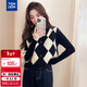 唐獅（TonLion）2025秋冬女復古菱格V領(lǐng)開(kāi)衫馬甲
