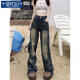 莫代爾美式復古做舊破洞牛仔褲女2026春秋新款寬松闊腿顯瘦窄版直筒褲子 復古藍 M