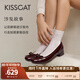 接吻貓KISSCAT船鞋復古法式平底鞋溫柔蝴蝶結女士單鞋KA54518-10 酒紅色 牛漆皮 38