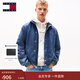 TOMMY JEANS秋冬男裝美式復古運動(dòng)風(fēng)潮流刺繡寬松工裝拼色立領(lǐng)牛仔外套 牛仔藍1A4 L （推薦：160-180斤）