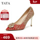 他她（TATA）女鞋2026春季新款伴娘淺口單鞋細跟婚鞋高跟鞋7RYE2AQ6 紅色 34