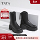 他她（TATA）氣質(zhì)V口騎士靴女靴子加絨粗跟彈力短靴長(cháng)靴秋冬 黑色 36