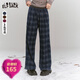 妖精的口袋復古格紋直筒加絨褲子女2024年冬季新款寬松抽繩闊腿褲 藍格子色 M