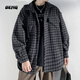 OEMG千鳥(niǎo)格毛呢外套男裝春秋冬季加絨潮牌寬松大碼加厚小香風(fēng)夾克衣服 深灰色 XL [建議125-140斤]