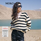 MO&Co.毛衣馬海毛綿羊毛羊駝毛混紡大V領(lǐng)落肩條紋針織衫摩安珂 白黑條色 M /165