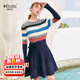 Olrain【5折】收腰顯瘦長(cháng)袖套頭條紋彈力針織連衣裙女中長(cháng)款 藏藍色 S