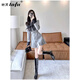 她芙（tafu）品牌女裝西裝連衣裙女2026春秋新款氣質(zhì)名媛收腰顯瘦a字百褶裙 灰色 M