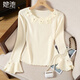 她池立體花釘珠裝飾打底衫女2026春裝新甜美圓領(lǐng)喇叭袖上衣