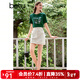 百圖betu女裝夏季新款T恤圓領(lǐng)印花釘珠純棉短袖上衣女2406T13 深綠 M