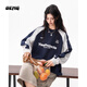OEMG 美式拼接撞色圓領(lǐng)衛衣女男春秋季寬松百搭潮牌休閑情侶上衣外套 藏青色 【高品質(zhì)】 M [建議85-105斤]