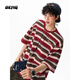 OEMG 美式復古臘腸狗刺繡條紋短袖t恤男士夏季潮流牌重磅純棉痞帥上衣 紅色 XL [建議110-130斤]