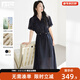 對白萊賽爾亞麻輕薄串珠連衣裙女2025夏季新款休閑通勤垂感襯衫裙 藏青色 XL