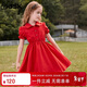 ASK JUNIOR女童連衣裙2025夏薄款兒童泡泡袖襯衫裙公主裙 紅色  140 