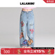 LALABOBO【周深同款】純棉牛仔褲高腰顯瘦小熊印花寬松闊腿褲RBED-WXZC19 中藍白 常規 26 建議115-130斤