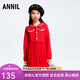 安奈兒女童裝翻領(lǐng)長(cháng)袖連衣裙2024冬新款小香風(fēng)紅色毛衣網(wǎng)紗裙甜美 新年紅 160cm