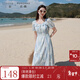 三彩大碼女裝2025夏季新款法式方領(lǐng)連衣裙短袖收腰繡花浪漫胖MM 冰川藍花卉 M 160/88B