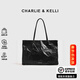 CHARLIE&KELLI CK品牌包包女包大容量褶皺托特包通勤單肩手提包情人節生日禮物 黑色【聯(lián)系客服順豐包郵】