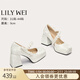 Lily Wei珍珠甜美一字帶瑪麗珍鞋小個(gè)子防水臺顯高單鞋小碼情人節禮物 白色【跟高9cm】 39
