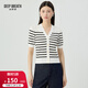 深呼吸DEEP BREATH女裝條紋拼色V領(lǐng)泡泡短袖針織開(kāi)衫女A400898 白 M (3)