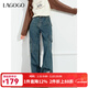 LAGOGO【丹寧系列】工裝風(fēng)牛仔褲女拉谷谷春秋新款寬松百搭褲子 深牛仔藍(N2) L