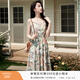 香影法式碎花吊帶連衣裙女2025夏季新款油畫(huà)印花v領(lǐng)雪紡沙灘裙子 果綠 M
