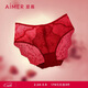 愛(ài)慕紅內褲女棉質(zhì)底襠蕾絲中腰三角內褲AM229141