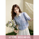 謎秀藍色蕾絲翻領(lǐng)撞色襯衫女2025春季新款法式復古泡泡袖設計感上衣 藍色 M
