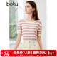 百圖betu女裝夏季新款毛針織衫橫條紋鏤空透氣短袖上衣女2405X11 粉條紋 L