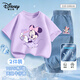 迪士尼（Disney）兒童套裝男女童短袖天絲牛仔防蚊褲 迪攝T紫+迪彩K深藍 140