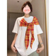 衣然呈品美式復古格紋蝴蝶結夏季短袖t恤女設計感寬松慵懶風(fēng)半袖女士體恤 白橙 M 【建議80-100斤】