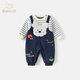 班喜迪嬰兒衣服春裝嬰幼兒連體衣男寶寶外出服春秋超萌假兩件背帶褲爬服 藍色 90cm