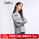 百圖betu女裝冬季新款毛衣復古感燈籠袖色織條紋寬松毛衫2411T42 灰色 M